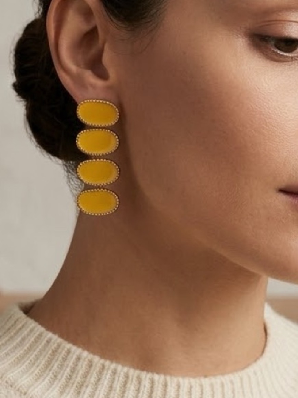 Vintage Anthropologie Yellow Enamel Beaded Border Tiered Drop Earrings